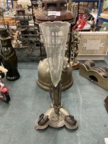 A VINTAGE SILVER PLATED EPERGNE WITH GLASS FUNNEL AND SWAN DESIGN BASE