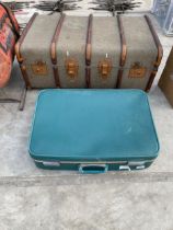 A LARGE VINTAGE TRAVEL TRUNK AND A RETRO SUITCASE