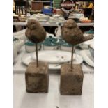 TWO DECORATIVE STONE BIRD ON PLINTH STATUES. HEIGHT 24CM