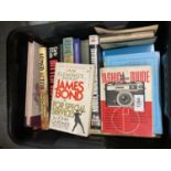 A BOX OF ASSORTED BOOKS, JAMES BOND, YASHICA ETC