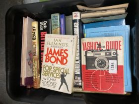 A BOX OF ASSORTED BOOKS, JAMES BOND, YASHICA ETC