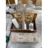 AN ASSORTMENT OF VINTAGE ITEMS TO INCLUDE DEMI JOHNS, A MEDICINE BOX AND MEDICINE BOTTLES ETC