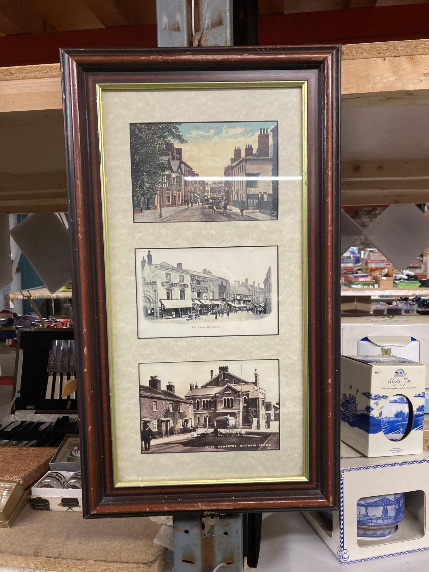 TWO FRAMED MONTAGES OF PHOTOGRAPHIC PRINTS OF VINTAGE OSWESTRY