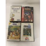 FOUR SEGA MEGA DRIVE GAMES FIFA 95 SOCCER, THE JUNGLE BOOK, WRESTLEMANIA AND WONDER BOY THE MEGA