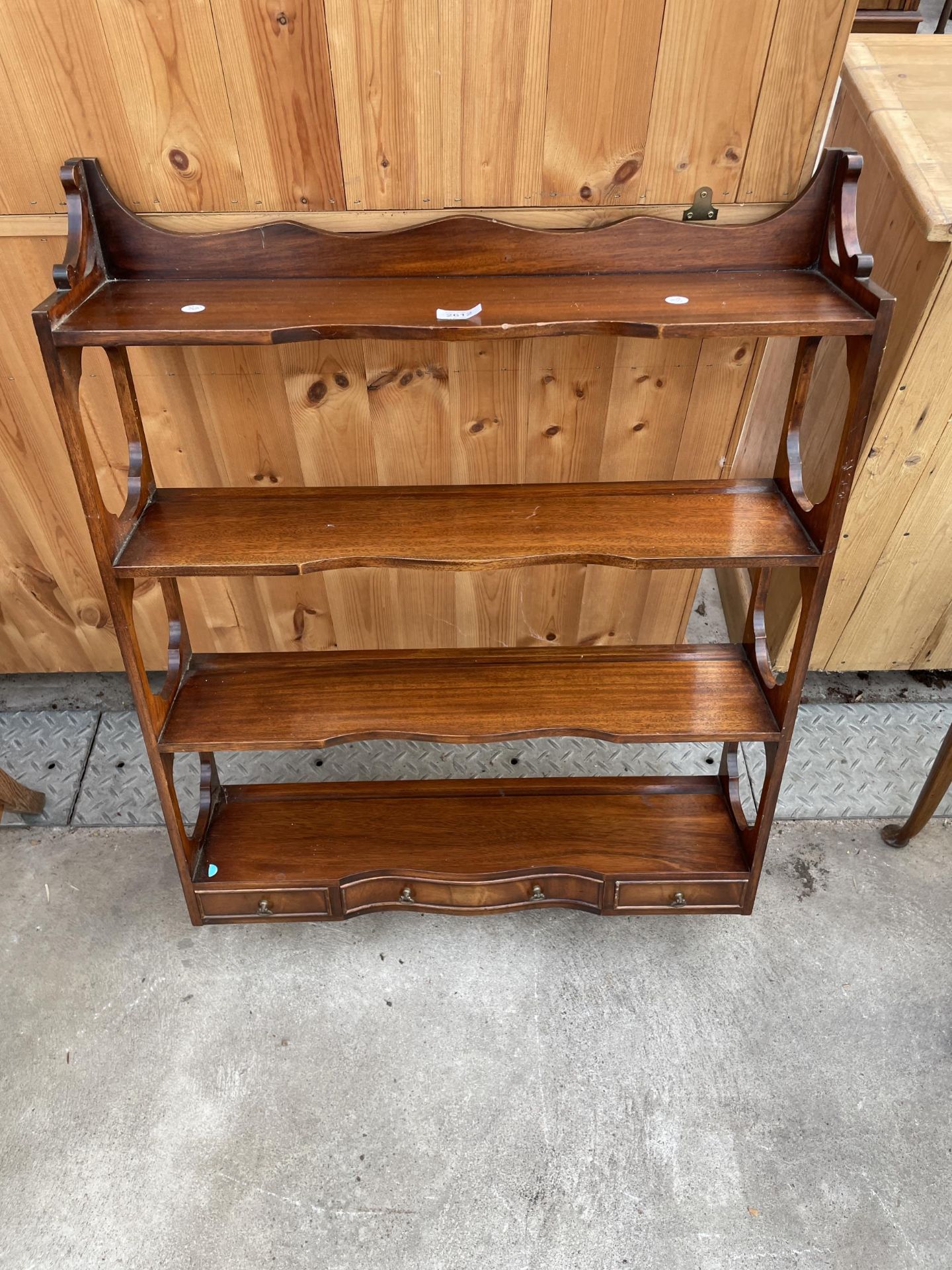 MAHOGANY REPRODUX (BEVAN FUNNELL) FOUR TIER OPEN WALL SHELVES WITH THREE DRAWERS, 27" WIDE