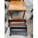 A RETRO TEAK 17" SQUARE SMALL TABLE AND TWO BOOK STANDS