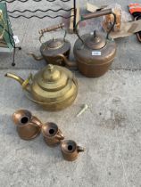 TWO VINTAGE COPPER KETTLES, A BRASS KETTLE AND THREE GRADUATED COPPER JUGS