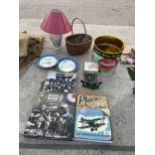 AN ASSORTMENT OF ITEMS TO INCLUDE ALLOY SOLDIERS, A WASTE PAPER BIN AND A LAMP ETC