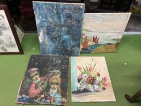 FOUR OIL PAINTINGS ON CANVAS TO INCLUDE AN ABSTRACT, STILL LIFE OF FLOWERS, ETC