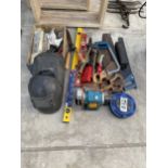 AN ASSORTMENT OF TOOLS TO INCLUDE A BLACK AND DECKER BENCH GRINDER, WELDING RODS, WELDINGT MASKS AND