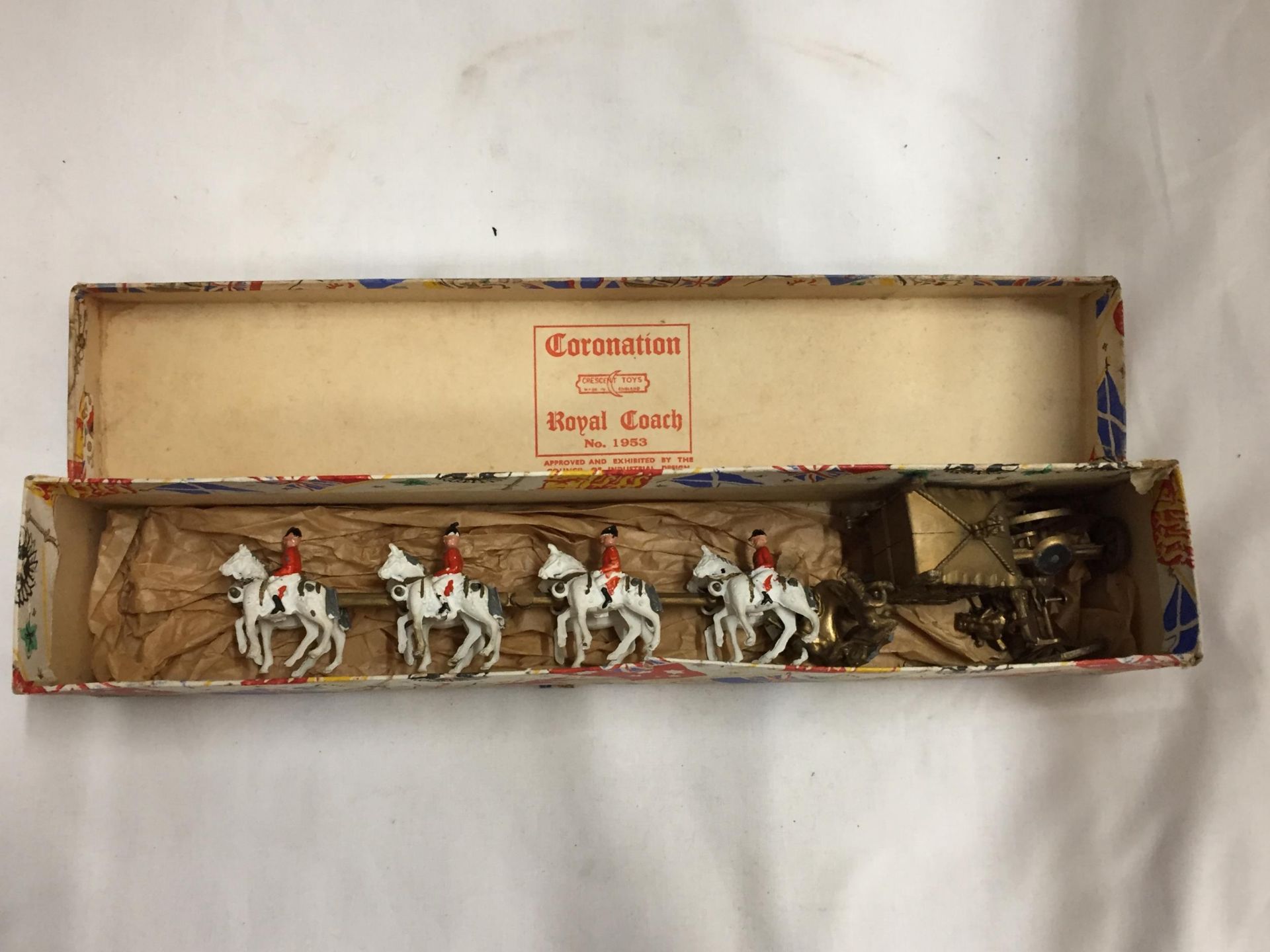 A VINTAGE CRESCENT TOYS CORONATION ROYAL COACH WITH HORSES NO. 1953