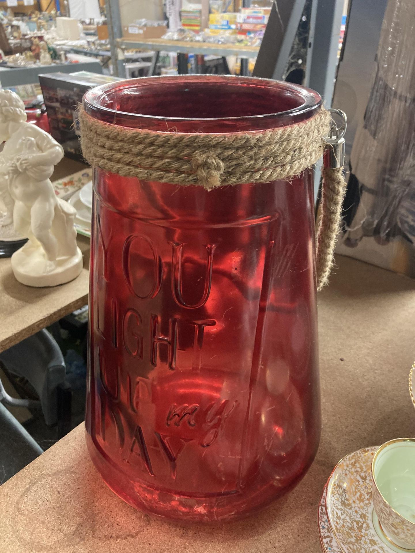 A LARGE RED GLASS YOU LIGHT UP MY DAY URN - Image 2 of 2