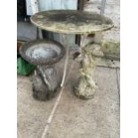 A CONCRETE BIRDBATH, A CONCRETE PEDESTAL BASE AND A METAL GARDEN TABLE