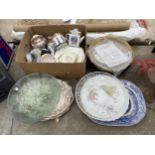 AN ASSORTMENT OF CERAMIC AND GLASS WARE TO INCLUDE BLUE AND WHITE MEAT PLATES ETC