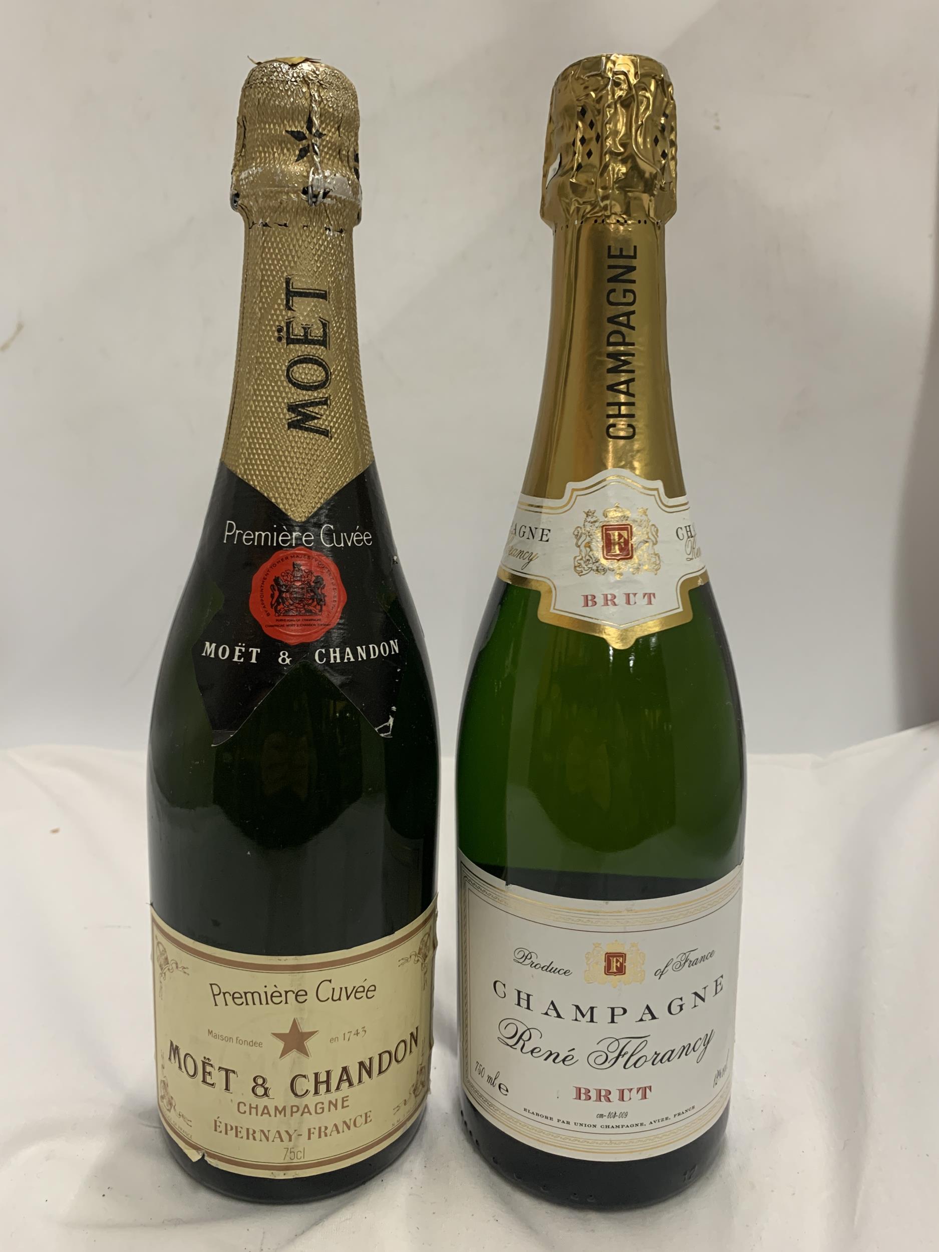 TWO 75CL BOTTLES - MOET & CHANDON PREMIERE CUVEE CAMPAGNE AND RENE FLORANCY BRUT CHAMPAGNE