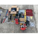 A LARGE ASSORTMENT OF TOOLS TO INCLUDE SPANNERS, FILES AND AN ELECTRIC BLADE SHARPENER ETC
