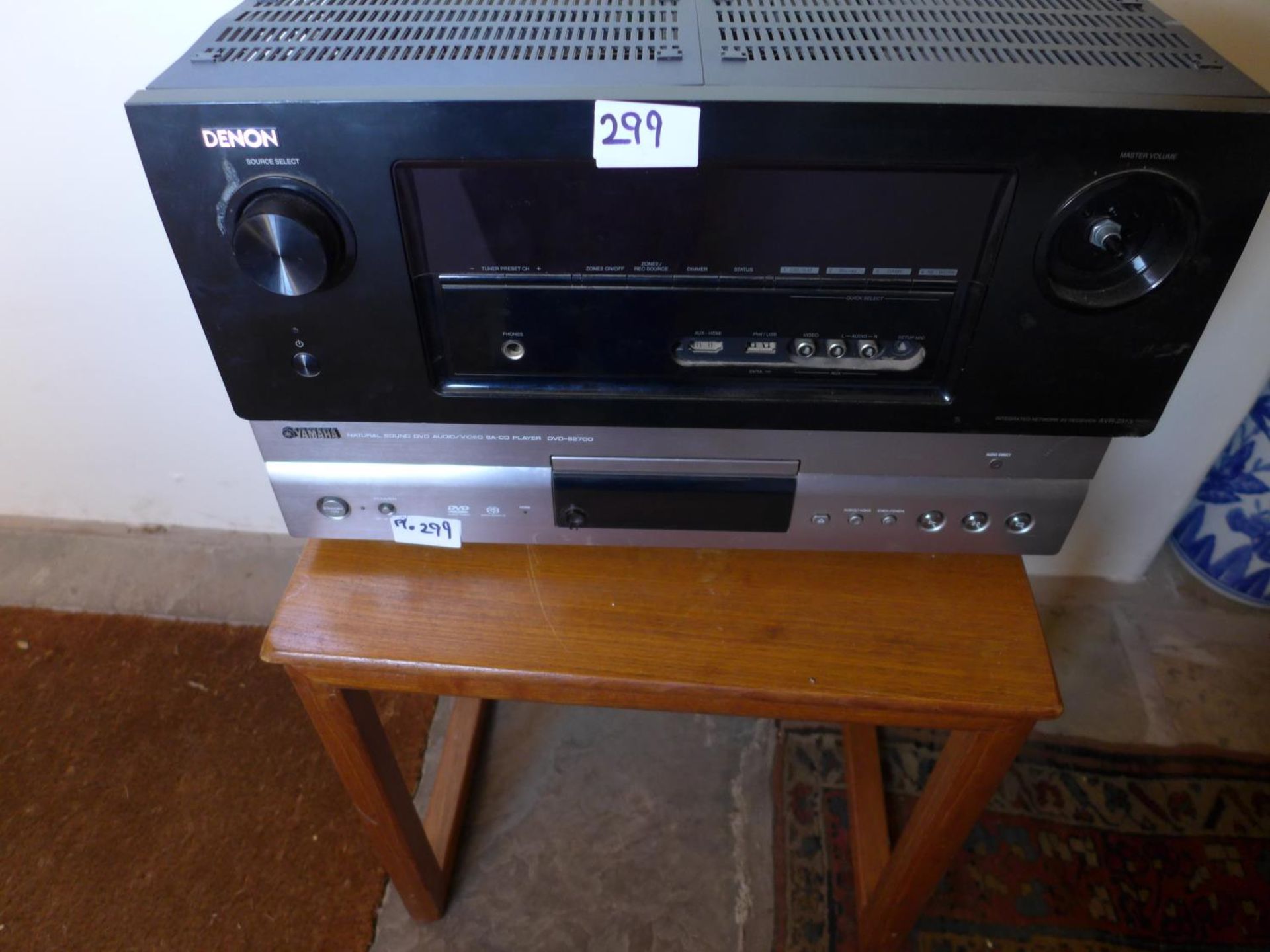 A DENON AVR - 2313 RECEIVER, POWER CABLE AND REMOTE CONTROL, YAMAHA AUDIO/VIDEO SA - CD PLAYER,