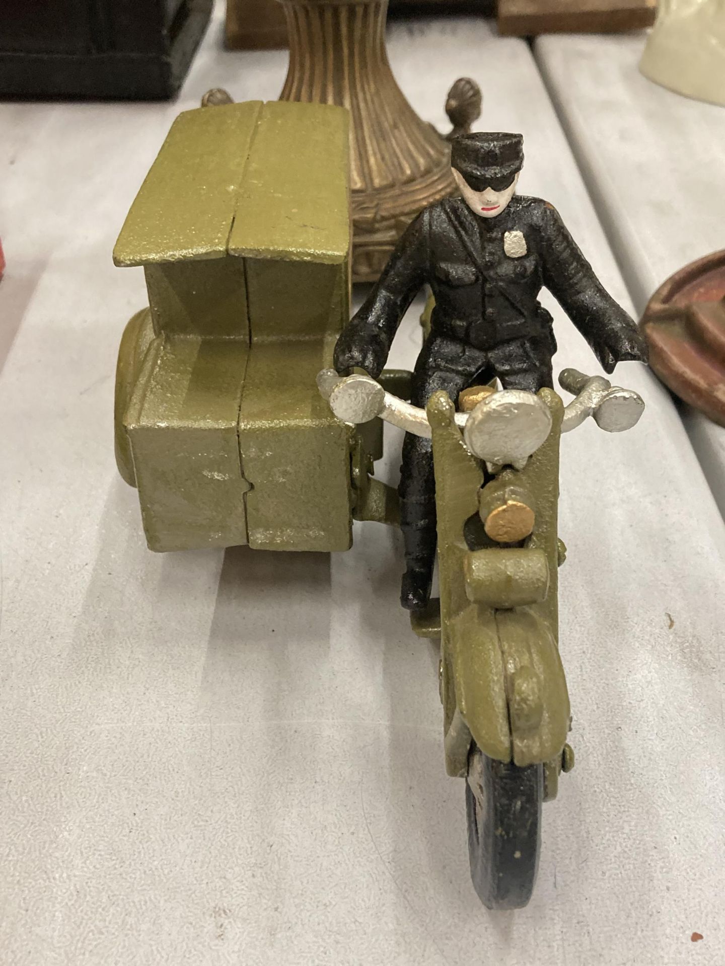 AN UNUSUAL HEAVY CAST MOTOR BIKE, POSTMAN AND PARCEL POST SIDE CAR - Image 2 of 4