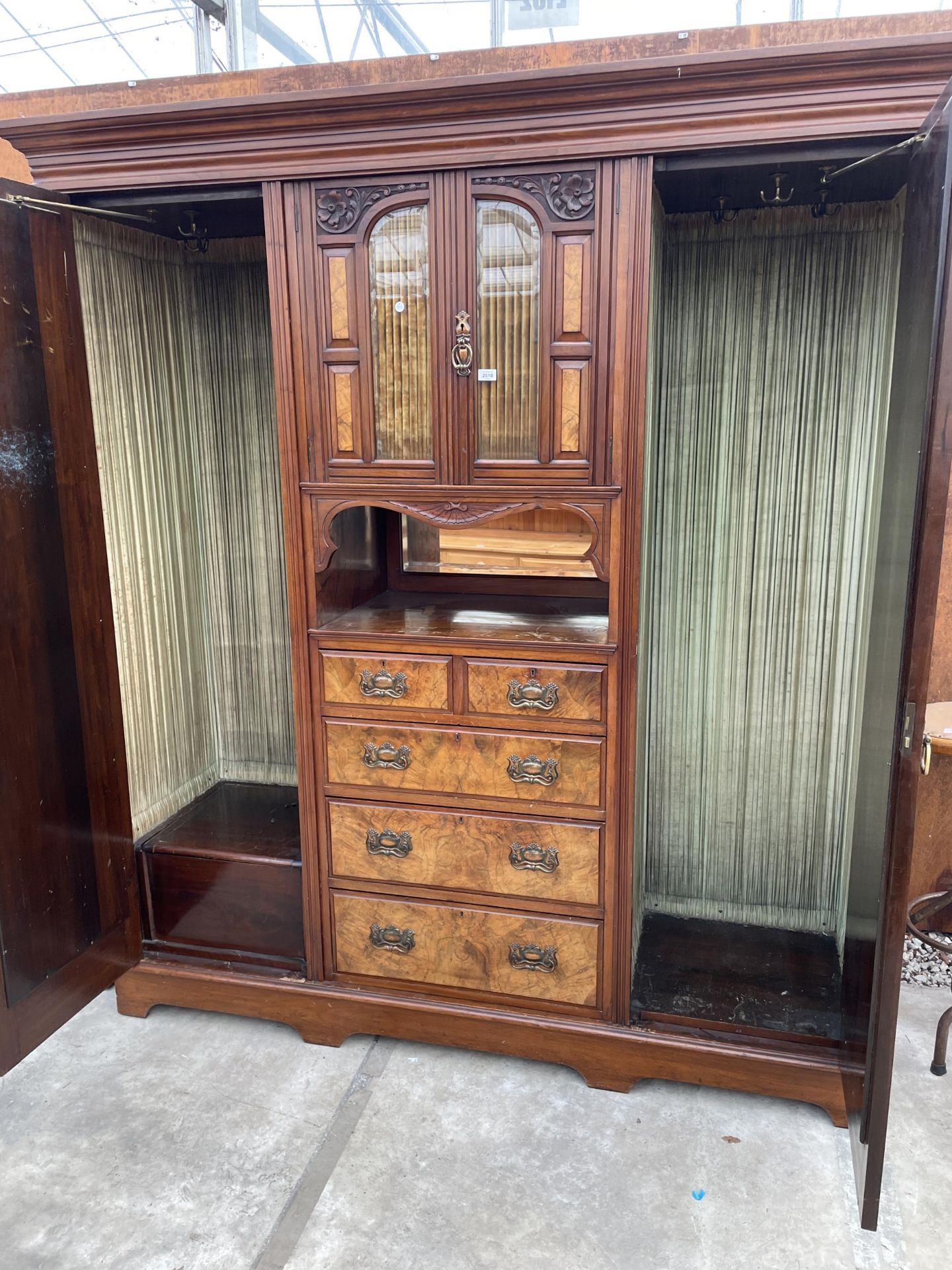 A VICTORIAN WALNUT WARDROBE WITH TWO MIRROR DOORS, TWO SHORT, THREE LONG DRAWERS AND GLAZED TWO DOOR - Image 4 of 6