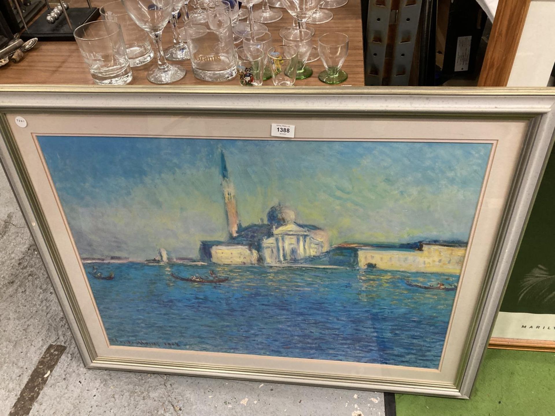 A LARGE FRAMED CLAUDE MONET PRINT, 96CM X 74CM