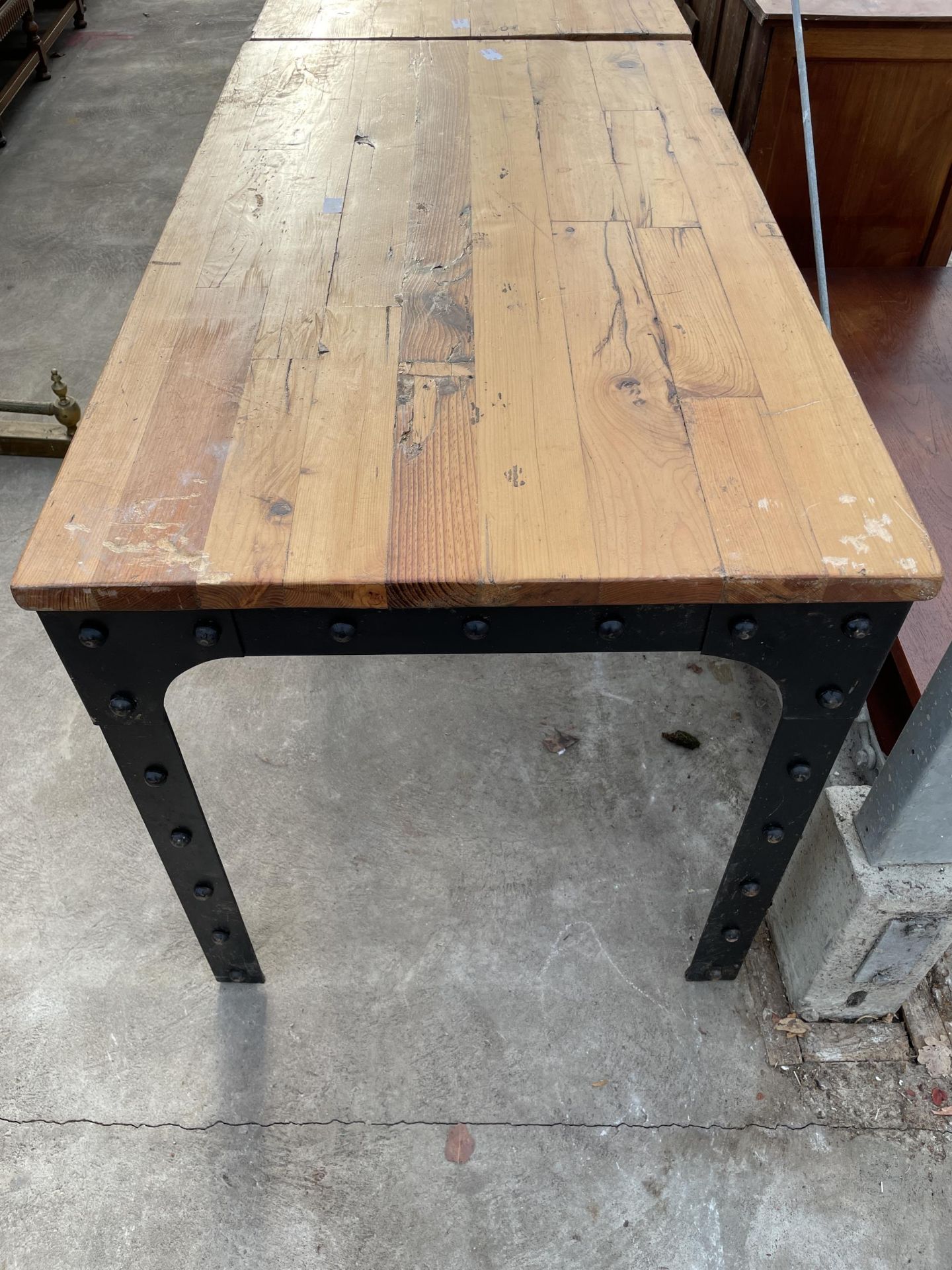 AN INDUSTRIAL STYLE TABLE ON CST METAL AND STUDDED LEGS AND FRAME, WITH WOODBLOCK TOP, 47 X 28" - Image 3 of 3