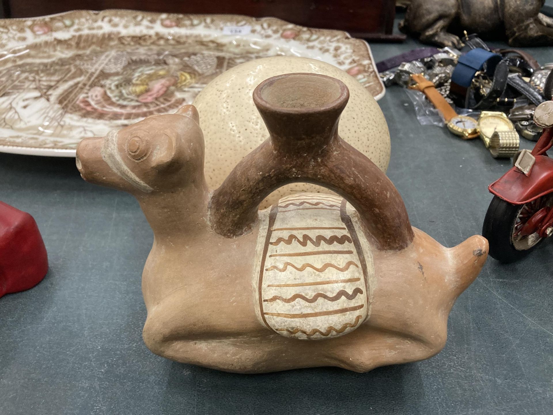 TWO ITEMS - TERRACOTTA HORSE JUG AND AN OSTRICH EGG - Image 2 of 3