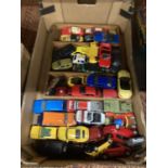 A LARGE QUANTITY OF CARS TO INCLUDE A NODDY CAR, PEUGEOT, THUNDER TRUCK, ETC.,
