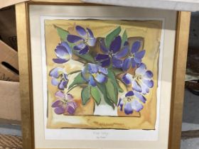 A FRAMED FLORAL PRINT 'MOOD INDIGO', SIGNED HAZEL BARNES