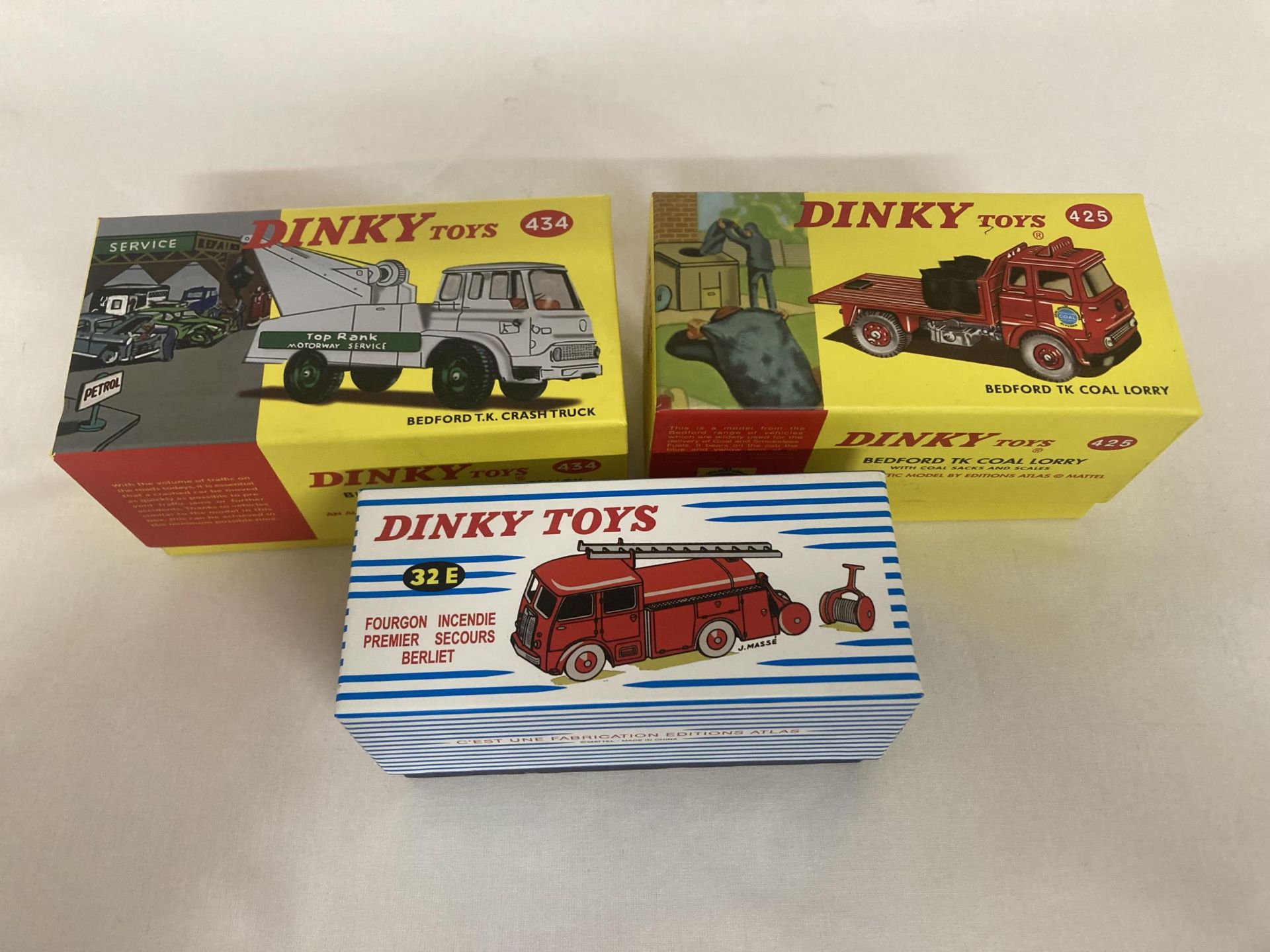 THREE ATLAS DINKY MODELS (MINT) NO. 425 BEDFORD TK COAL LORRY, NO. 434 BEDFORD TK CRASH TRUCK AND