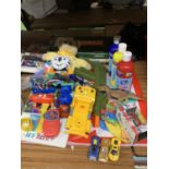 A MIXED LOT OF TOYS TO INCLUDE A PLAY-DOH MAT, SCRABBLE AND CONNECT 4, VEHICLES, PAINT, FIGURES,