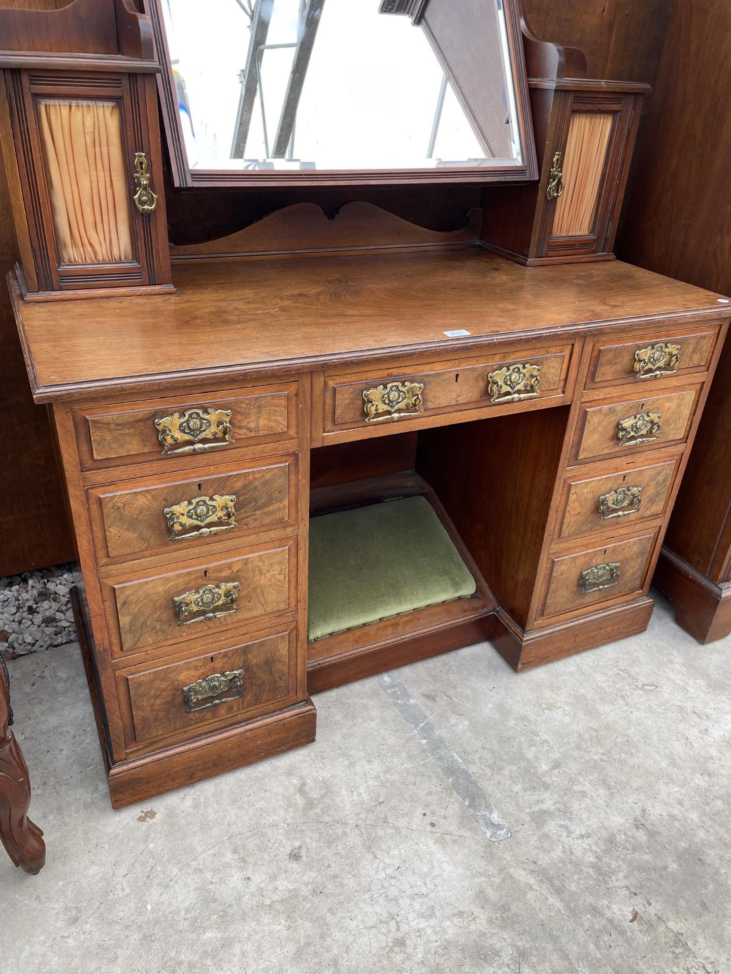 A VICTORIAN WALNUT KNEEHOLE DRESSING TABLE ENCLOSING NINE DRAWERS, TWO GLAZED CUPBOARDS AND - Image 3 of 5