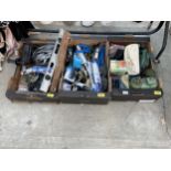 AN ASSORTMENT OF TOOLS AND HARDWARE TO INCLUDE A DRILL, FUEL PUMPS AND AN ELECTRIC WOOD PLANE ETC