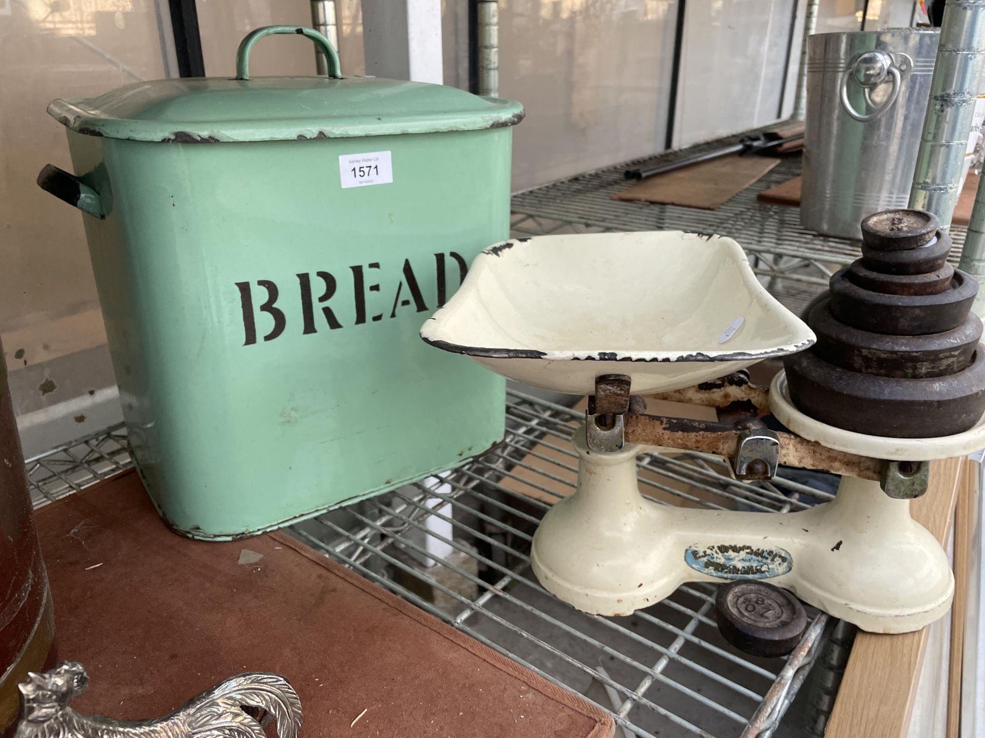 AN ENAMEL BREAD BIN AND A SET OF BALANCE SCALES WITH WEIGHTS