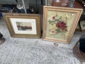 A GILT FRAMED OIL ON BOARD STILL LIFE OF ROSES AND A GILT FRAMED ABRAHAM HULK JUNIOR WATERCOLOUR