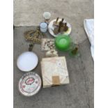 AN ASSORTMENT OF VINTAGE ITEMS TO INCLUDE GLASS WARE AND A BRASS COAT HOOK ETC