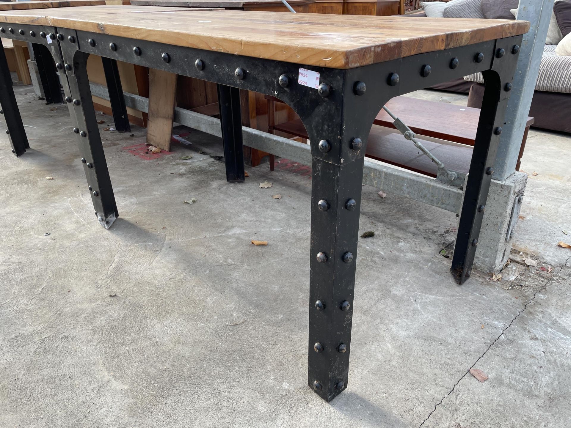 AN INDUSTRIAL STYLE TABLE ON CST METAL AND STUDDED LEGS AND FRAME, WITH WOODBLOCK TOP, 47 X 28" - Image 2 of 3