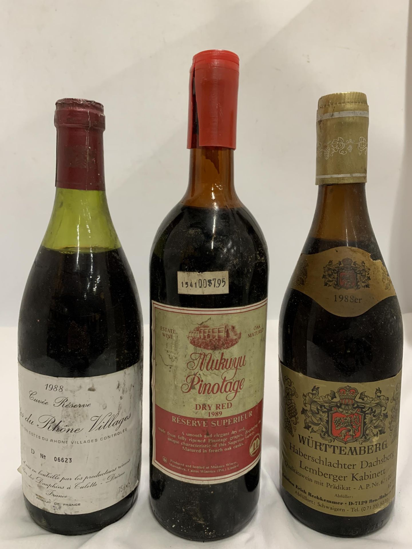 THREE BOTTLES - COTES DU RHONE VILLAGES 1988 CUVEE RESERVE, MUKUYU PINOTAGE 1989 RESERVE SUPERIEUR