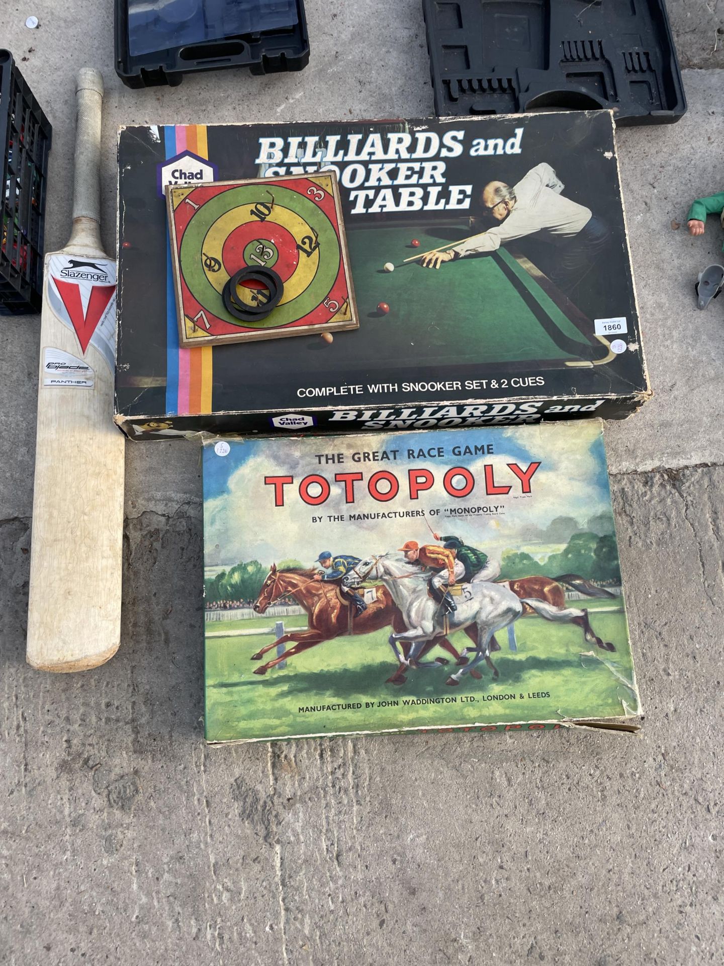 THREE VINTAGE BOARD GAMES AND A CRICKET BAT ETC