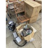 A TEAK FOLDING GARDEN CHAIR AND AN ASSORTMENT OF ELECTRICAL HARDWARE TO INCLUDE SEVEN BOXED LED