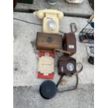 AN ASSORTMENT OF VINTAGE ITEMS TO INCLUDE A DIAL TELEPHONE, CAMERAS AND A WOODEN BOX ETC