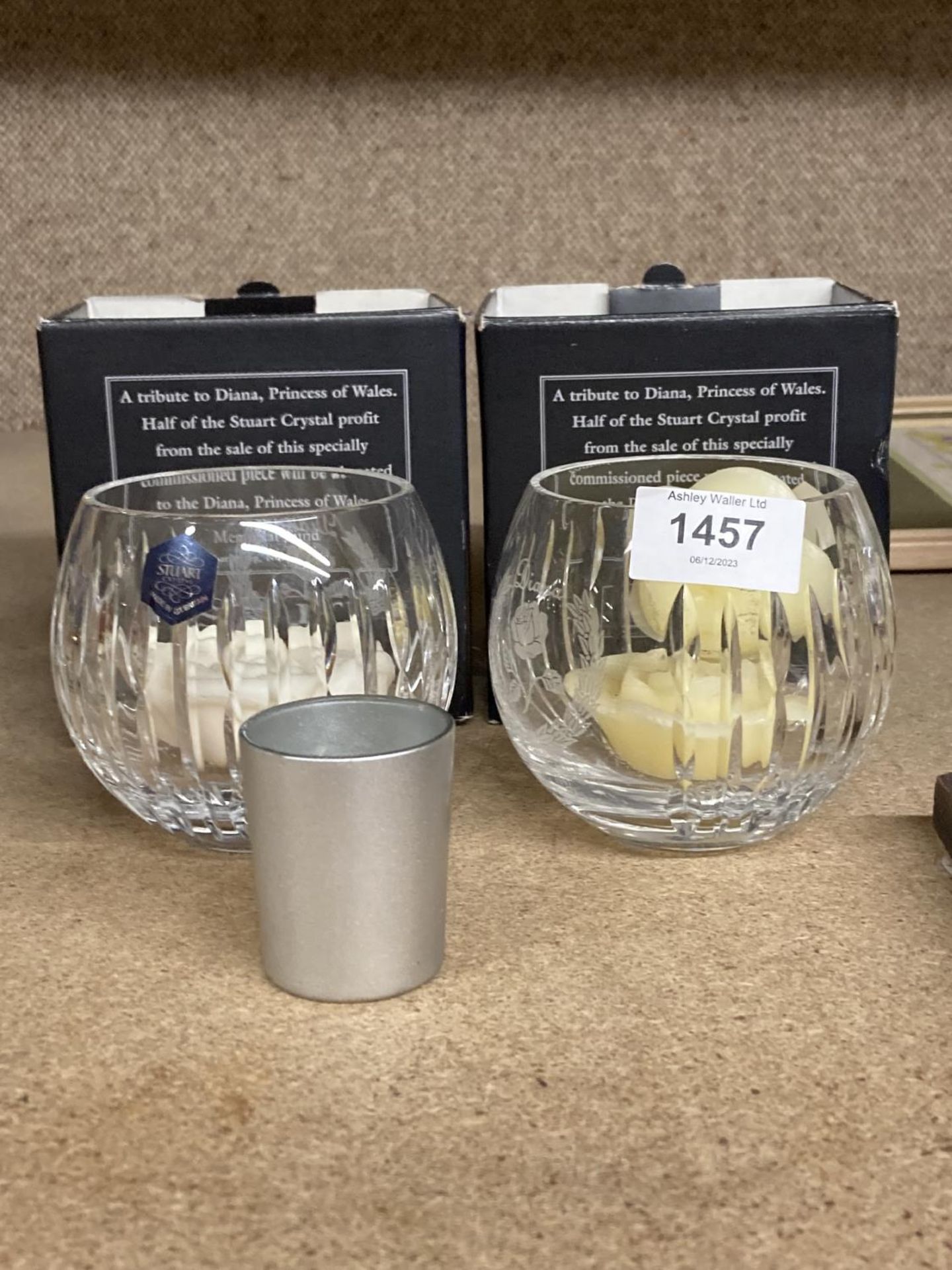 TWO BOXED STUART COMMEMORATIVE GLASS POTS