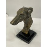 A BRONZE BUST OF A GREYHOUND HEAD ON A MARBLE BASE