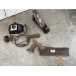 A VINTAGE KODAK CAMERA, VINTAGE STANLEY WOOD PLANE, SAW AND BRACE DRILL ETC