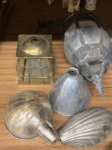 A VINTAGE METAL OUTDOOR 'LANTERN' WALL LIGHT PLUS FOUR VINTAGE LIGHT SHADES