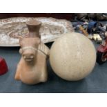 TWO ITEMS - TERRACOTTA HORSE JUG AND AN OSTRICH EGG