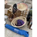 AN ASSORTMENT OF ITEMS TO INCLUDE WICKER BASKETS AND WINE RACKS ETC