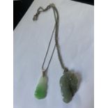 TWO SILVER AND JADE TYPE NECKLACES