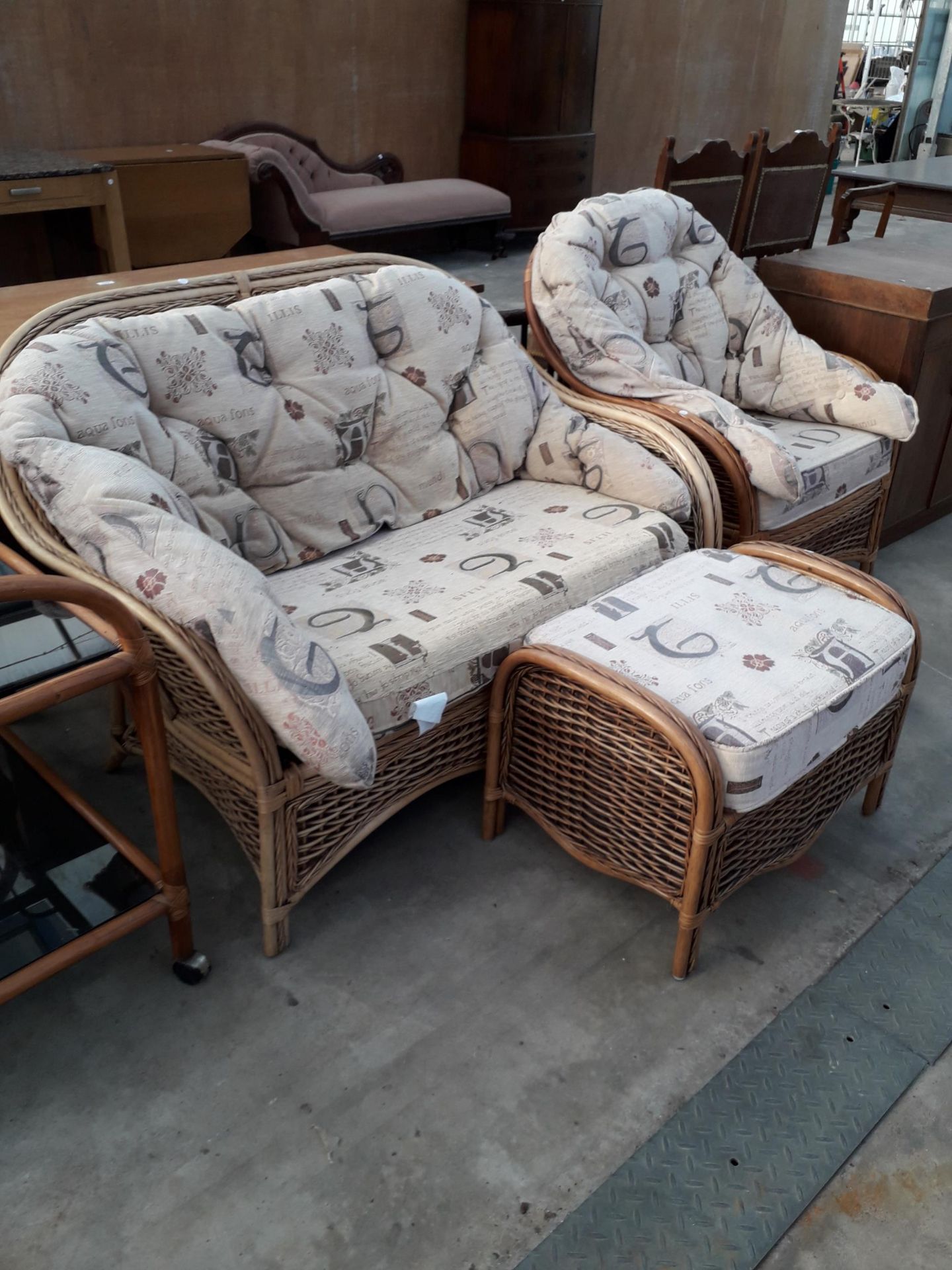 A WICKER AND BAMBOO SETTEE, EASY CHAIR AND STOOL - Image 2 of 2