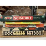 THREE SCRABBLE GAMES, ORIGINAL, TURNTABLE AND JUNIOR PLUS A SPEAR;S GAMES DRAUGHTS SET AND A CHESS