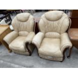 A PAIR OF 'FLORENCE COLLECTIONS' (MADE IN ITALY) CREAM LEATHER EASY CHAIRS, ON TURNED LEGS